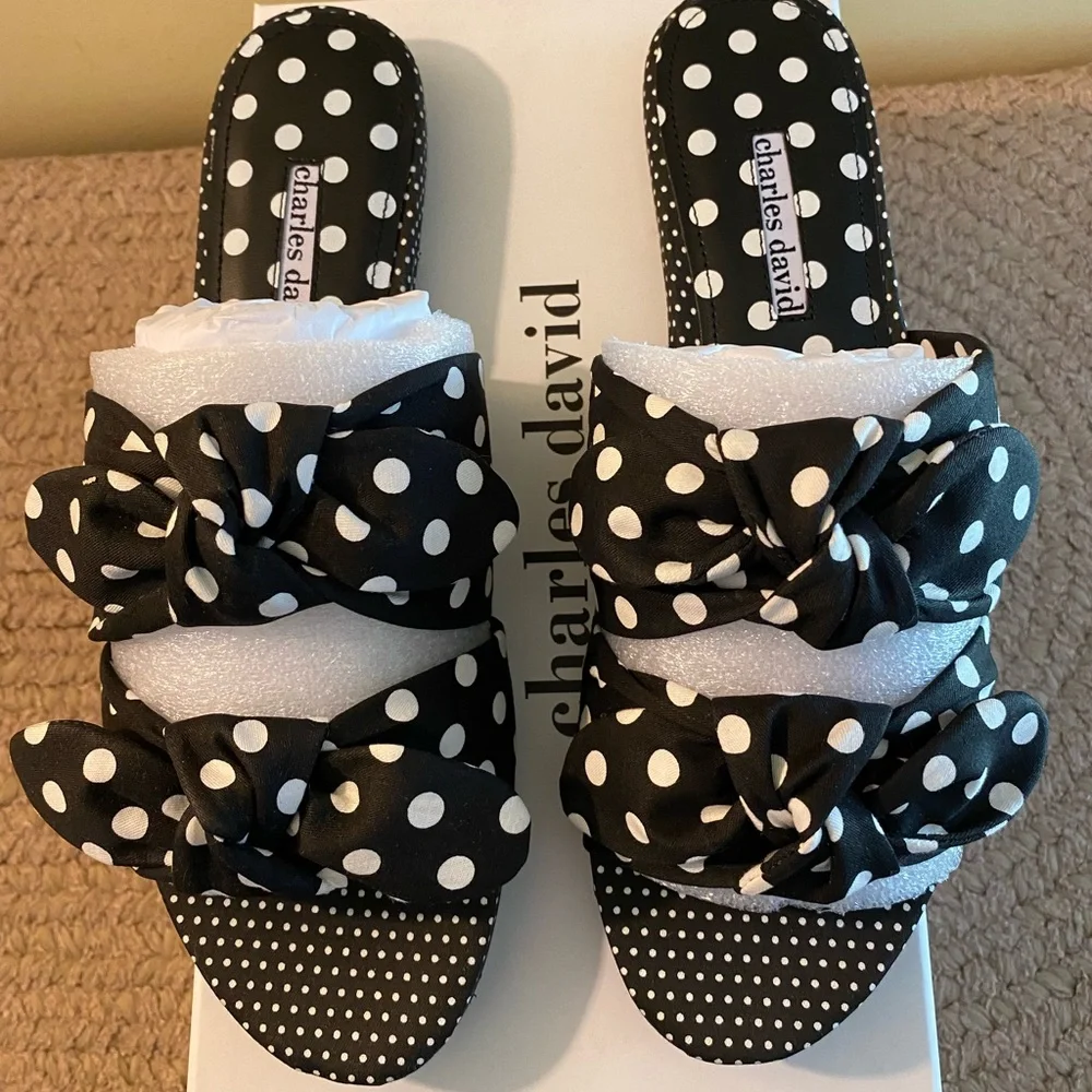 New, Charles David Collection Souffle Sandal, Black & White Polka Dot, Bow, SZ 9